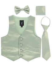 iGirlDress Boys 4 Piece Formal Satin Vest Set Zipper Tie Bowtie Hanky Sage
