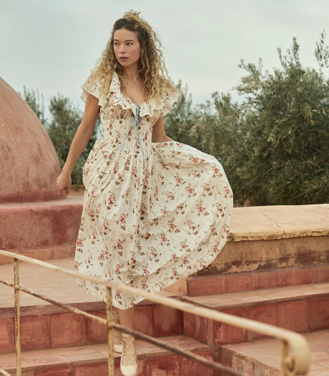 Doen Illiana Blance Prairie Rose Floral Printed Cotton Long Midi Gown Dress XXS