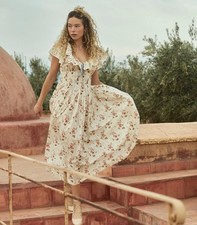Doen Illiana Blance Prairie Rose Floral Printed Cotton Long Midi Gown Dress M