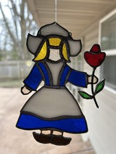 suncatcher stained glass vintage Dutch lady with flower