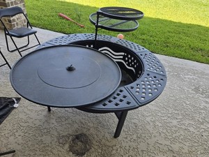 Black Round Outdoor Wood Fire Pit, Metal Standing w/ Lid & Cooking Grate