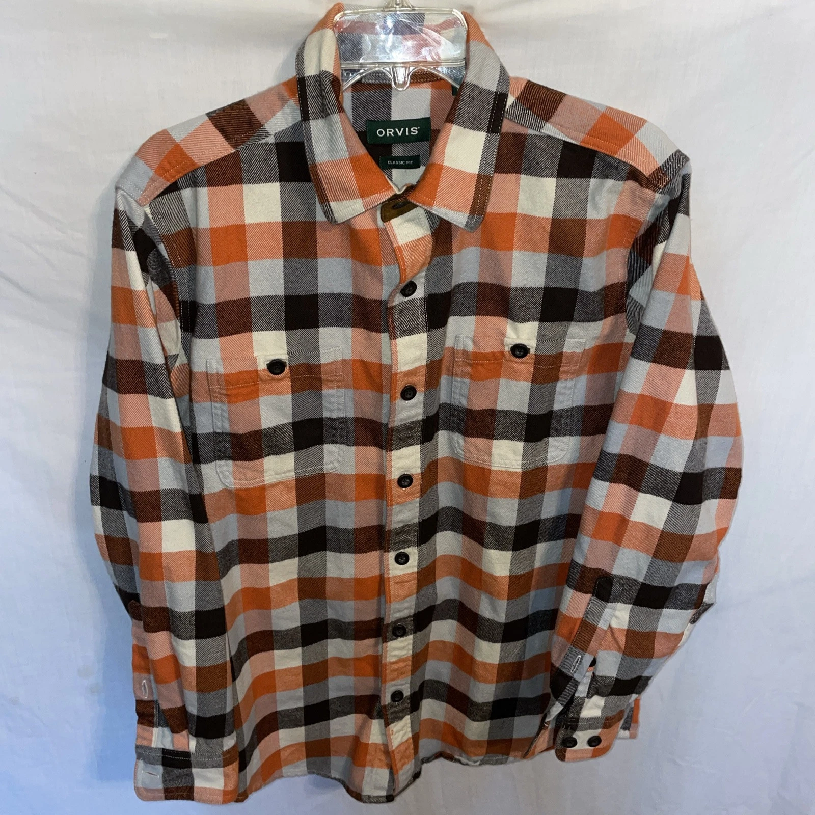 Orvis Perfect Flannel Thick Shirt Mens Size Medium Orange Black Gingham Outdoor