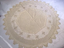 Vintage 84” Round Hardanger  Tablecloth Ecru[beige) Linen