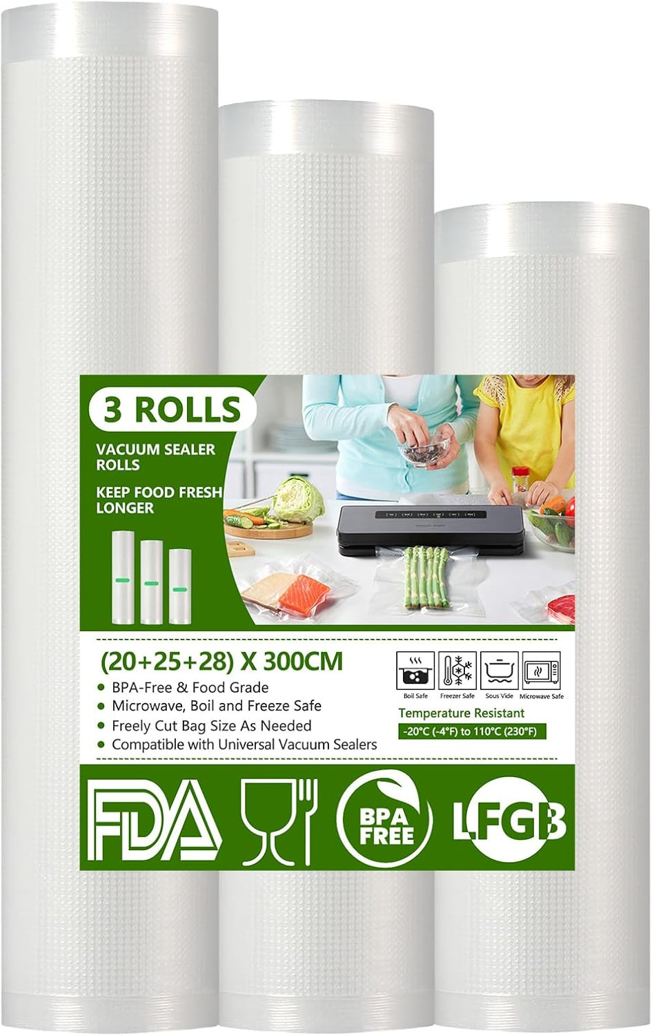 Set 3 Rotoli Sottovuoto Alimenti 20/25/28 cm | Buste per Cottura e Gelo
