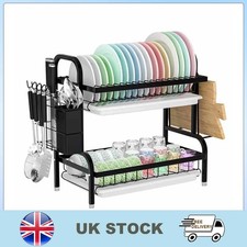 2 Tier Dish Drying Rack with Drainboard Cutlery Holder Plate Stand Kitchen Sink