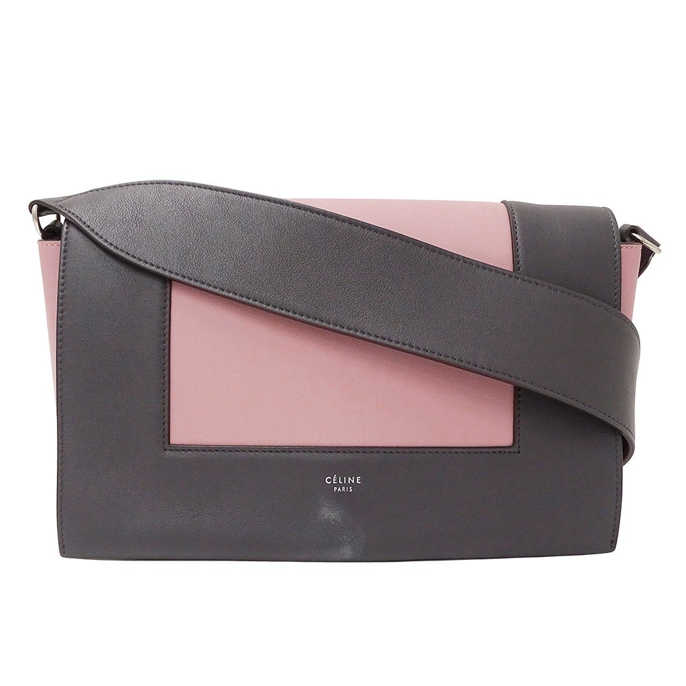 CELINE Bag Shoulder Bag Leather Frame Medium Pink Charcoal Gray Simple