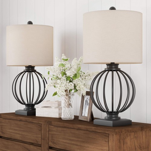Modern Table Lamps - Set of 2 Wrought Iron Open Cage Lights with LED Bulbs - ...