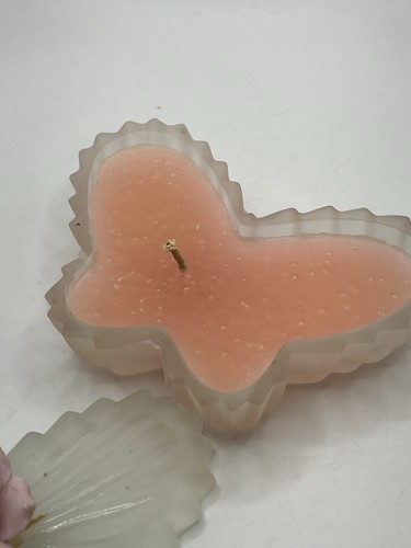 Vintage Butterfly Shape Frosted Glass Candle Holder- With Lid - Pink Rose on Top - Picture 3 of 24
