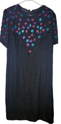 Beaded Drama Vintage 90s 100% Silk Sequin Beaded Cocktail Dress Size 1X Lined