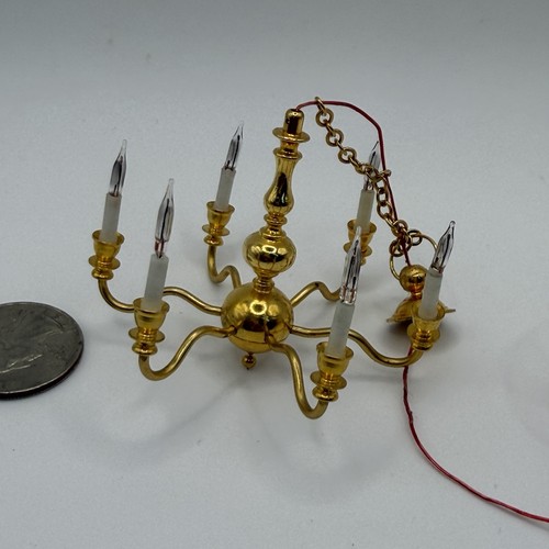 Vintage Clair Bell Brass 6 Arm Brass Wired Chandelier 1:12 Dollhouse Miniature