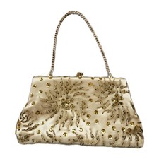 Vintage Gold Beaded Satin Evening Purse Clutch Metal Frame Kiss Lock Chain