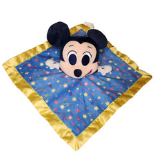 Disney Mickey Mouse Plush Blue Star Lovey Security Blanket Yellow Satin Rattle