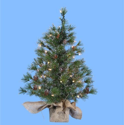 Pre-Lit 24 Inch Silver Tipped Artificial Christmas Pine Tree Burlap Sack Base - Picture 2 of 2