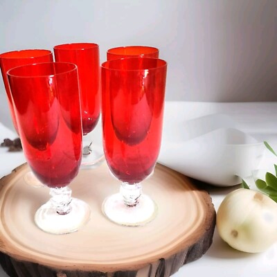 Ruby Red Glass Liquor/Wine Glasses, Clear  stems, Set of 5, Good Use Condition.
