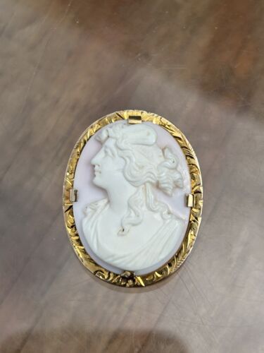 WOW Antique 10k Gold Natural Angel Skin Coral Cameo Goddess Flora Brooch Pendant - Picture 1 of 19