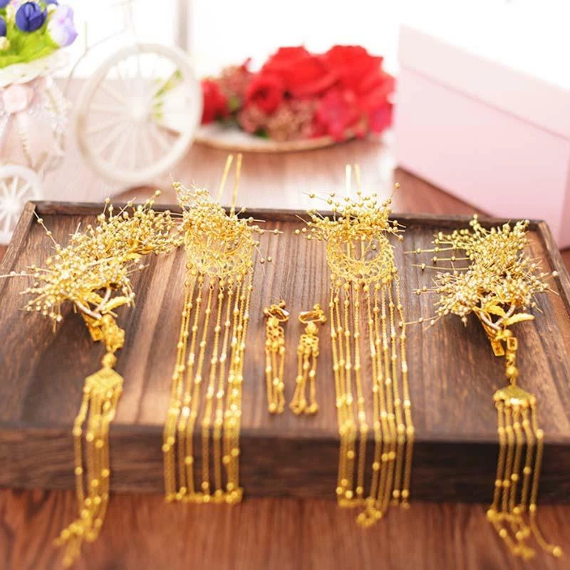 Chinese Style Bride Wedding Hair Ornaments Retro Tassel Headdress+Earrings Set - Image 2 of 4