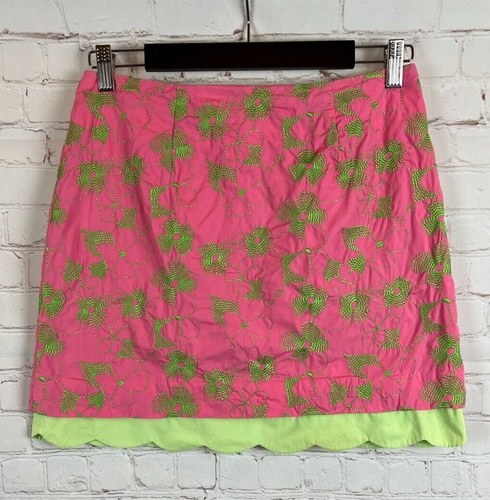 LILLY PULITZER Rock Baumwolle rosa bestickt geblümt grün gefüttert Gr. 4