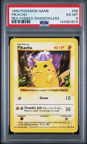 1999 Pokemon Game Base Pikachu Red Cheeks Shadowless #58 PSA 6