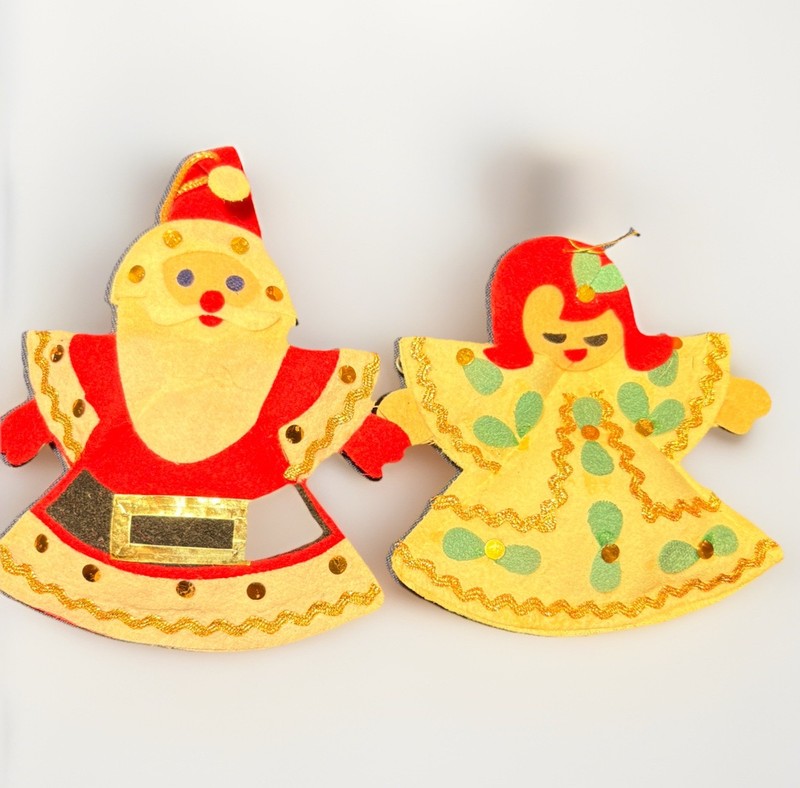 Vintage Pair Of Felt Sequines Ornaments - Holly Angel & Santa