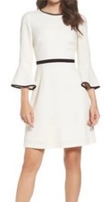 NWT Eliza J Creamy White Black Trim 3/4 Bell Sleeve Fit & Flare Dress Sz 2