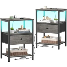 Grey Nightstands Set of 2, Bedroom Night Stand Set Two Nightstand with Chargi...