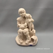 VTG Austin Productions Dee Crowley Sculpture Young Boy & Dog Sitting on a Bench