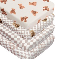 Fitted Baby Neutral Crib Sheets Bear and Buffalo Check Plaid Breathable Unise...