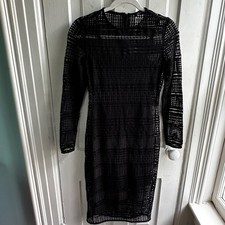 Zara Black Lattice Crochet Lace Long Sleeve Midi Dress