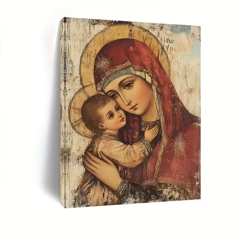 Vintage Framed Canvas Painting Russian Orthodox Icon of Virgin Mary and Jesus - Image 2 of 4