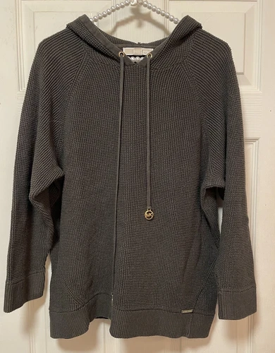 MICHAEL KORS Top donna XL maglia waffle termica cappuccio manica lunga verde oliva