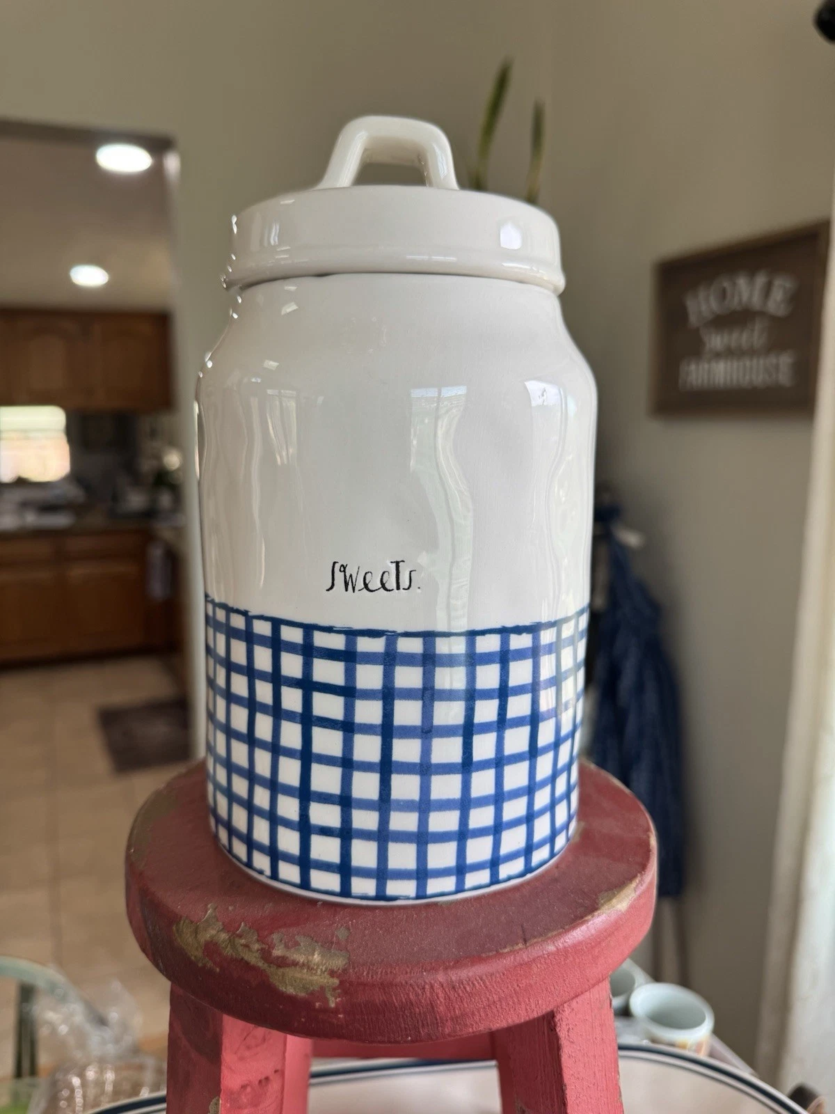 Rae Dunn Sweet Canister Jar with Lid Blue Gingham Plaid Check Artisan Collection