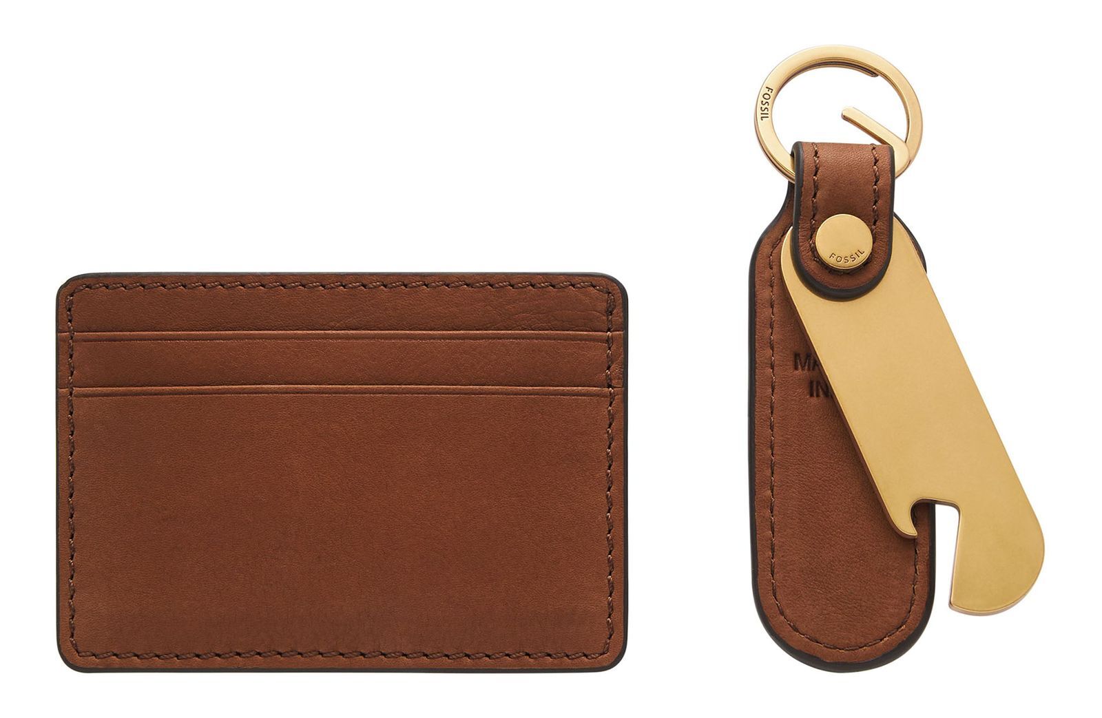 FOSSIL Card Case and Keyfob Bottle Opener Gift Set Medium Brown