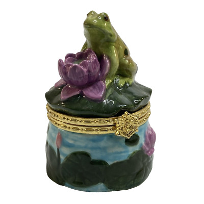 Frog Trinket Box Hand Painted Porcelain Lily Pad Flower Green Blue Lavendar 3.5''