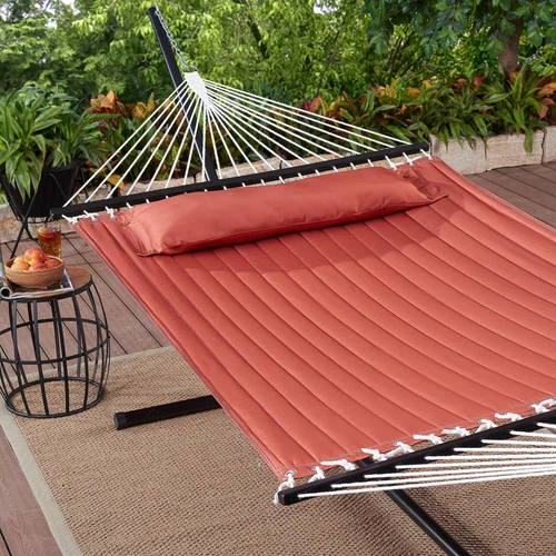 Quilted Double Tree Hammock Durable with Pillow for Backyards Patios Outdoor