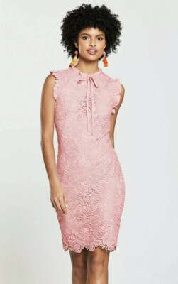 V By Very Lace Pencil Dress Blush Pink Bow Neck Fully Lined Elegant UK Size 12