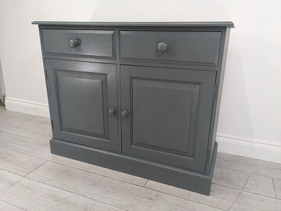SIDEBOARD Pine Grey Painted 2 Drawer 2 Door Shelved Cupboard FREE DELIVERY - Image 4 of 4