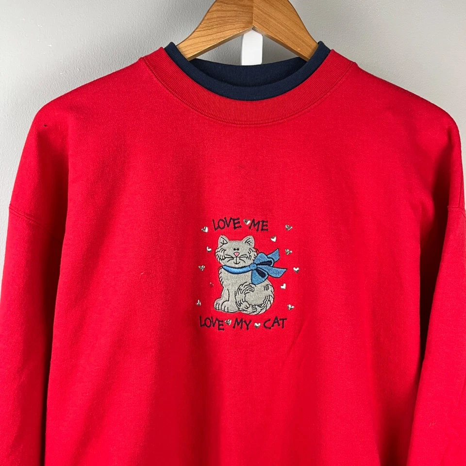 Sudadera De Colección Años 90 M&C Ropa Deportiva Cuello Redondo Mujer Grande Roja LOVE MY CAT Foto 2 de 4
