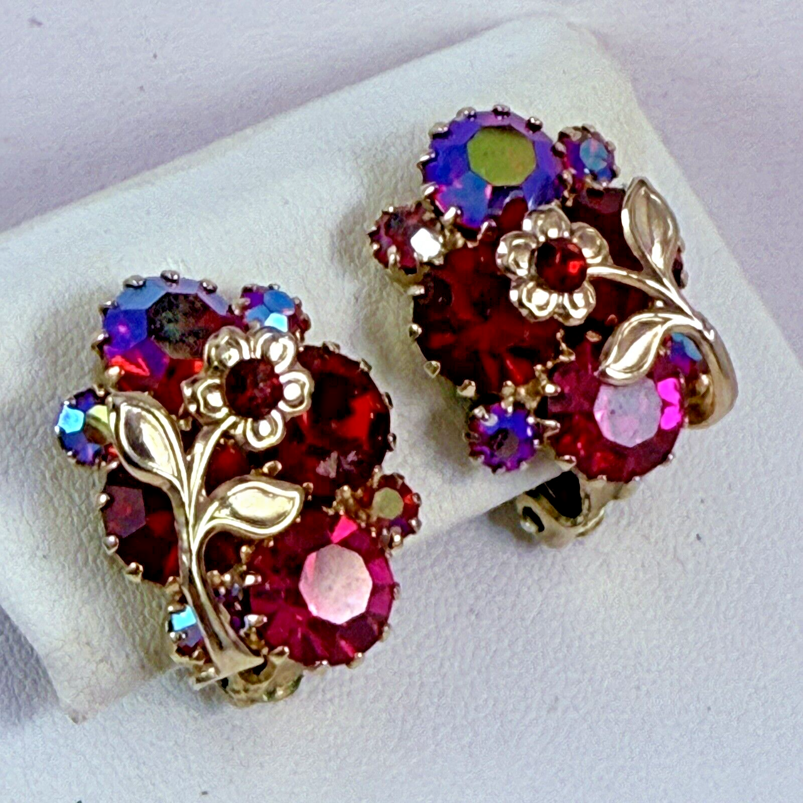 FABB Vintage WEISS Aurora Borealis Purple Pink & Red Rhinestone Clip on Earrings