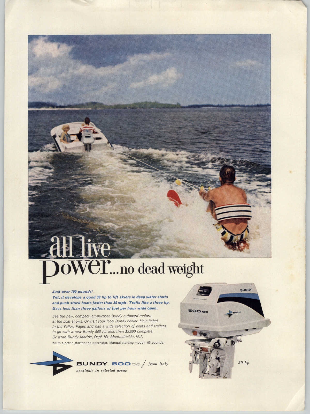 1962 PAPER AD Bundy 500cc Italy Italian Outboard Motor 30 HP Water Ski