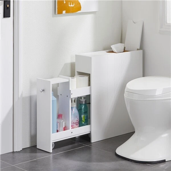 Slim Bathroom Storage Cabinet on Wheels with Drawers & Slide-Out Shelf,  White