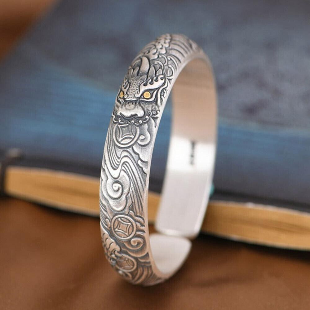 Pure S999 Fine Silver 999 Bracelet Men Women Dragon Open Bangle
