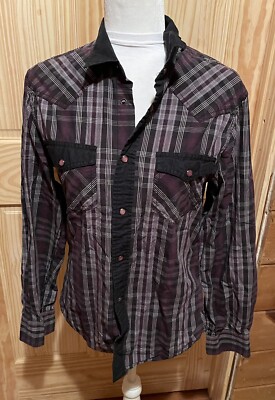 Smog Slim Fit Plaid Casual Snap Button Down Long Sleeve Shirt Size Medium ~ EUC