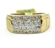 Natural Round Diamond 4 Row Cluster Men's Wide Ring Band 14k Yellow Gold 1.12Ct