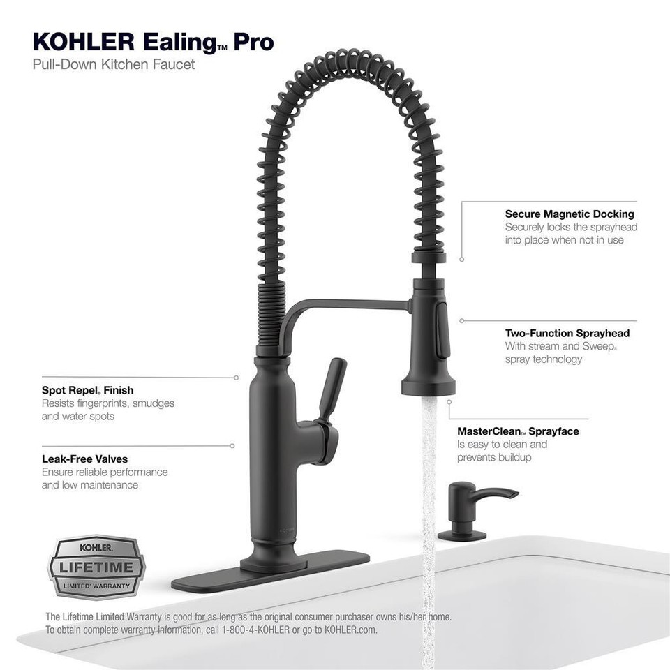 KOHLER Ealing Pro Matte Black Spring Pulldown Kitchen Faucet with