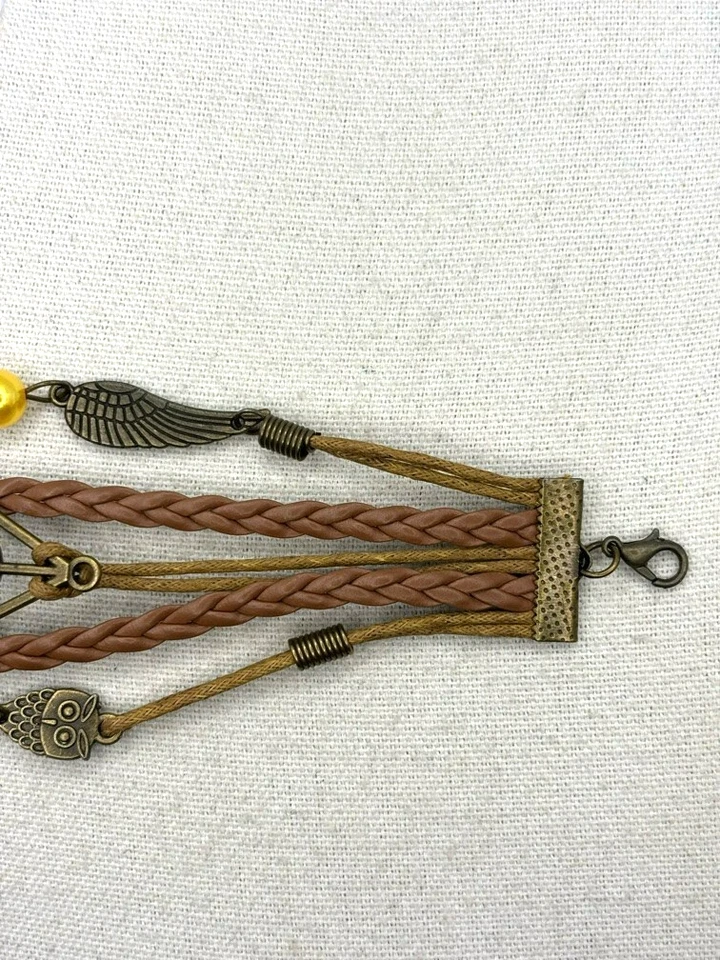 Pulsera Harry Potter Reliquias de la Muerte Búho Snitch Cinco Filas Cuero Marrón Dije Foto 4 de 4