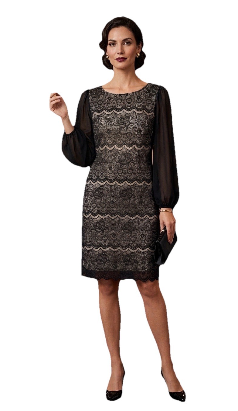 Cocktail Dress Black Tan Lace Overlay Long Sleeve Lightweight Sz 12 Evan Picone-image