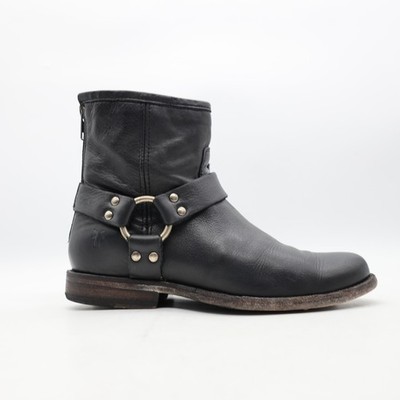 Frye Phillip Moto Black Leather Harness Back Zip Ankle Boots Womens 6.5 B Biker