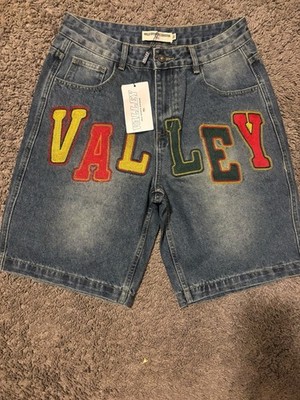 Valley Men s Blue Denim Shorts Logo all sizes message size when purchased 