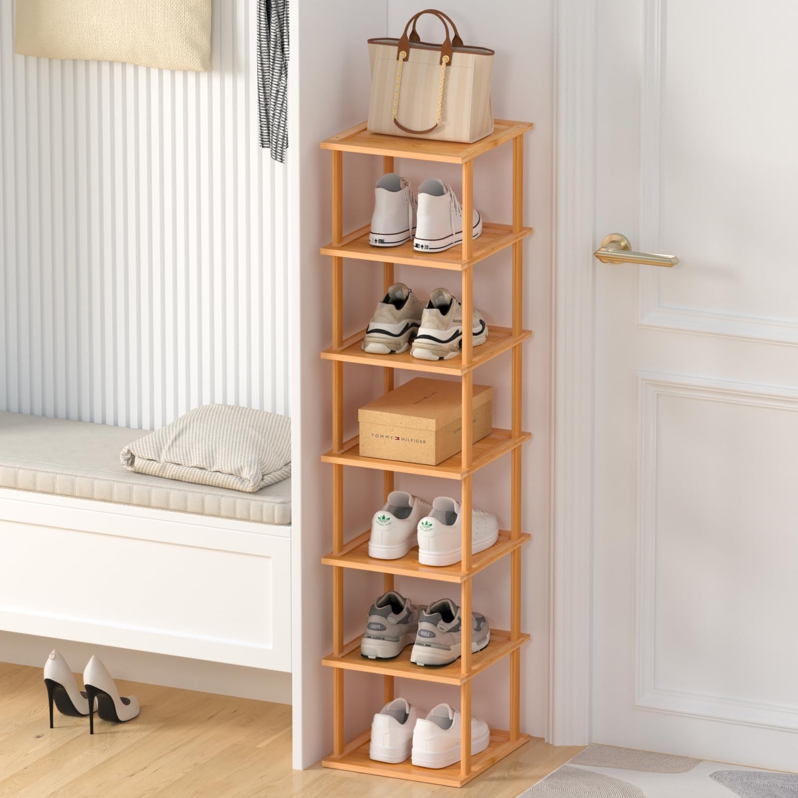Bamboo Free Standing Shoe Rack Shelf Multi Tier Tall Wooden Stackable Shoes R...