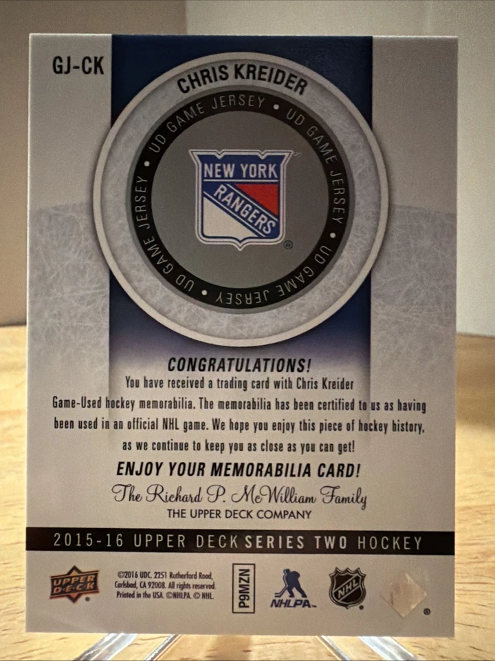 2015-16 Upper Deck - Ud Game Jersey Series 2 Chris Kreider #GJ-CK (MEM) - Image 2 of 2